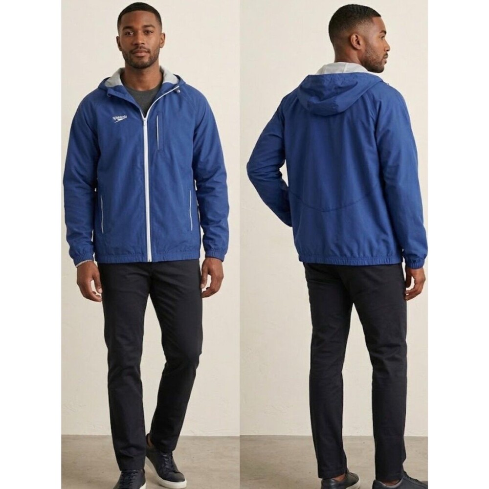 Speedo Blue Net Lined Hooded Swim Windbreaker Deck Coat Jacket Mens Size Large